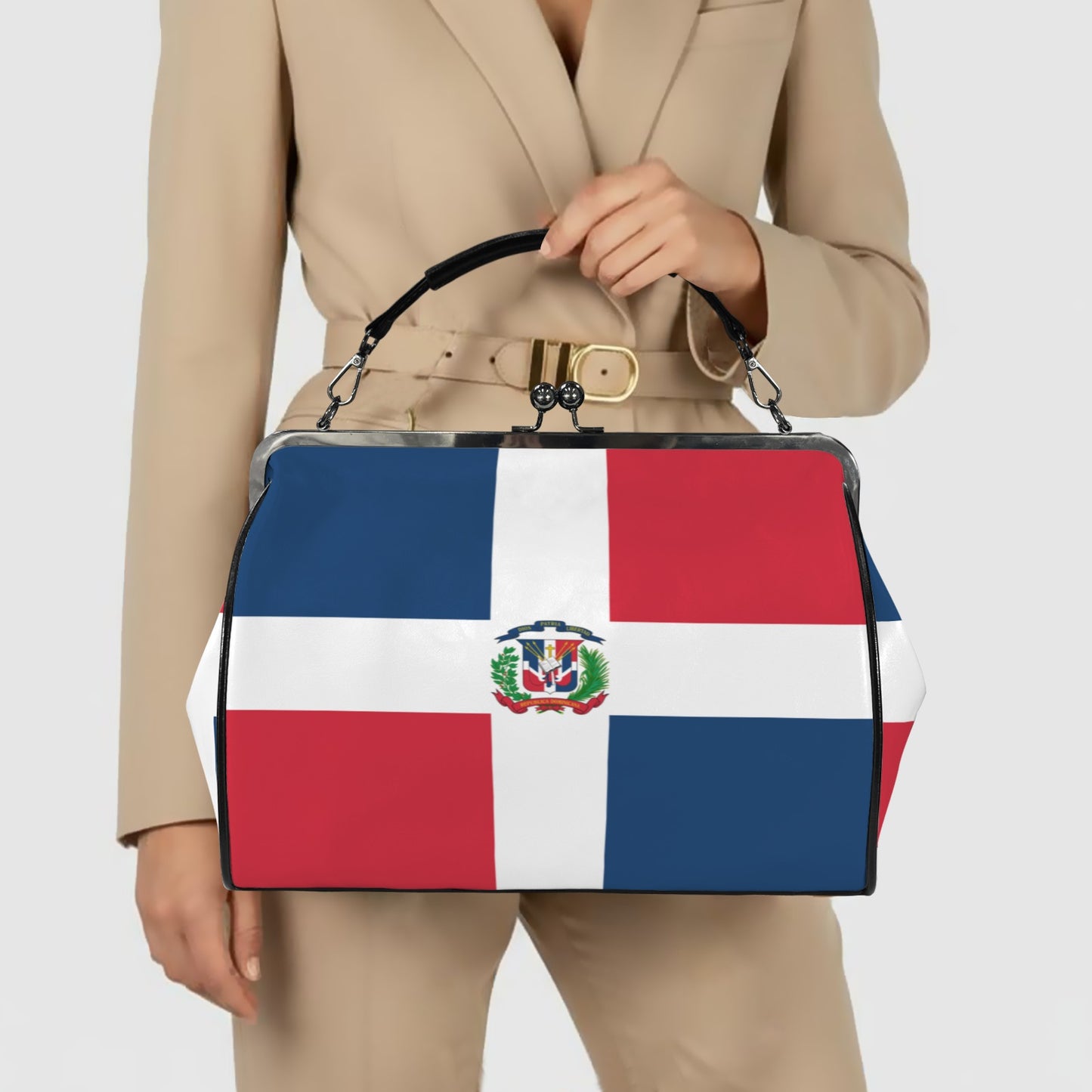 Dominican Republic Flag Inspired Kisslock Crossbody Shoulder Bag-Large