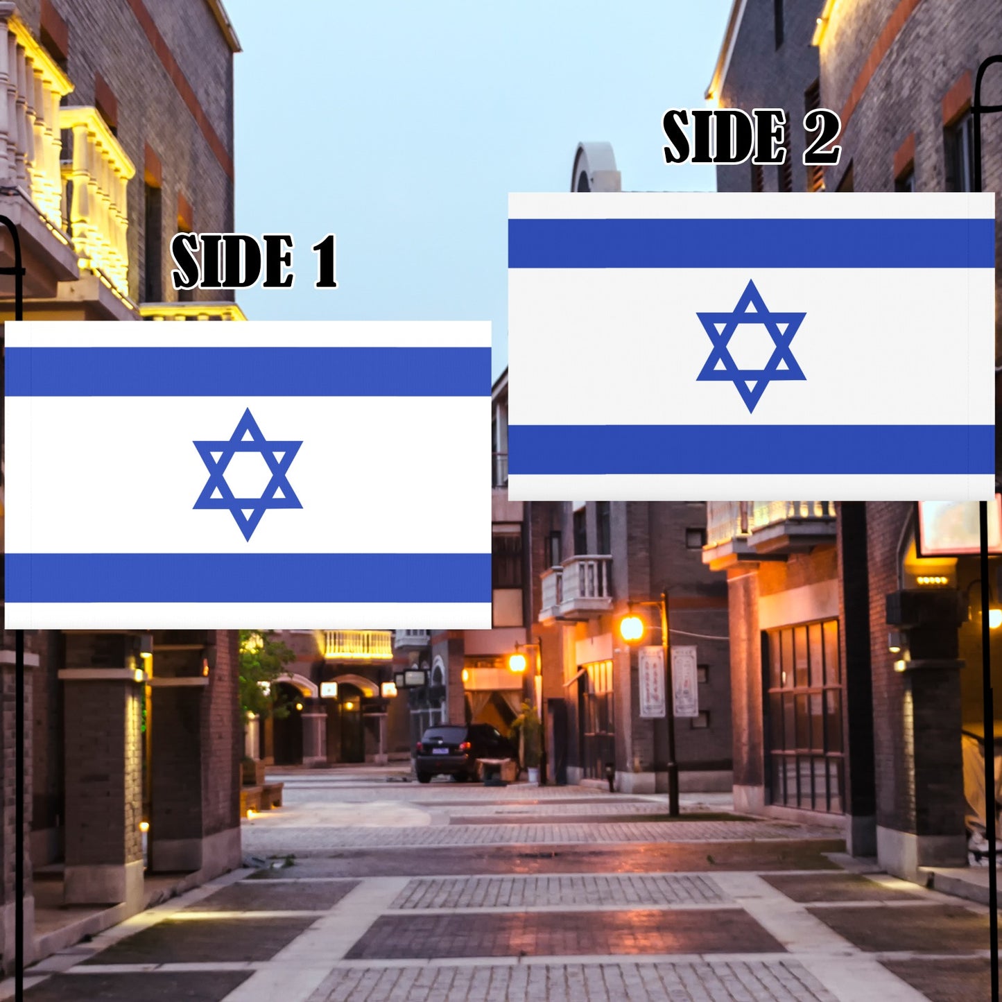 Luv My Flag banners with Israeli flag on street.