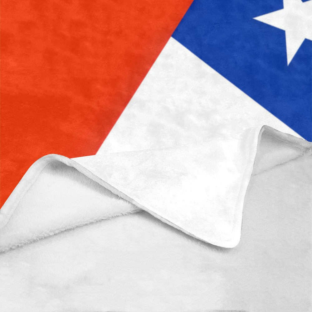 Luv My Flag blanket with Chilean flag design, unfolded corner.