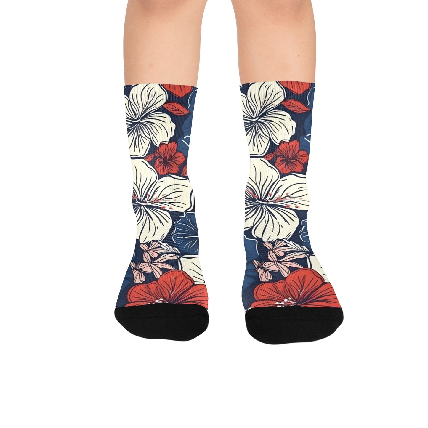 USA/American Flag Inspired Hawaiian Floral Pattern Kid's Custom Socks (Made in the USA)