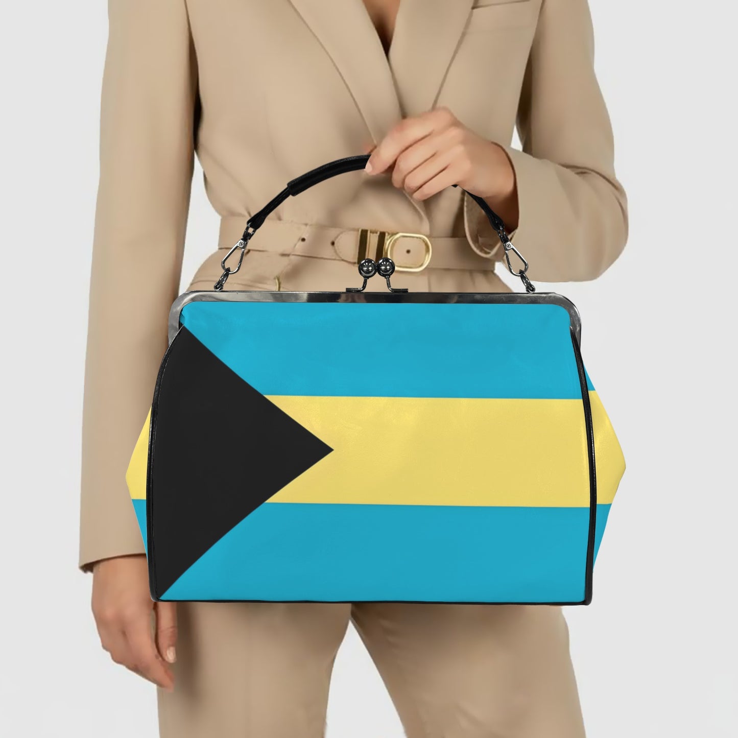 Bahamas Flag Inspired Kisslock Crossbody Shoulder Bag-Large