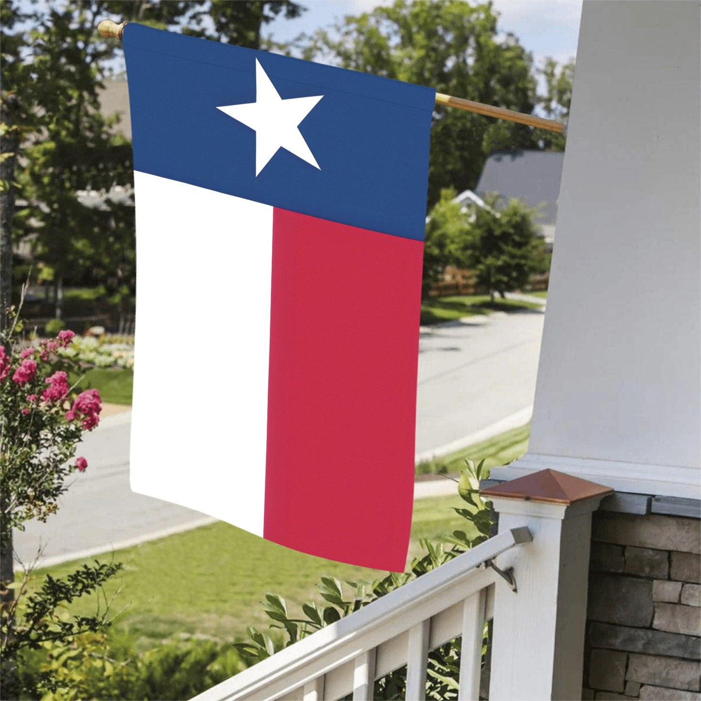 Texas flag hanging on porch, Luv My Flag brand.