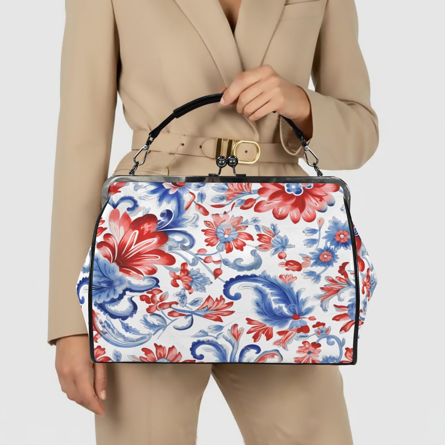 USA/American Flag Inspired Floral Pattern Kisslock Crossbody Shoulder Bag-Large