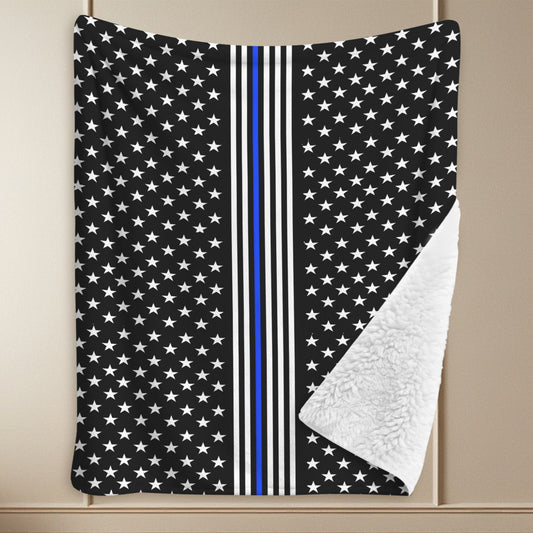 Thin Blue Line Stripes Style-2 Sherpa Fleece Blanket 90" x 108" | Prtinted in the USA