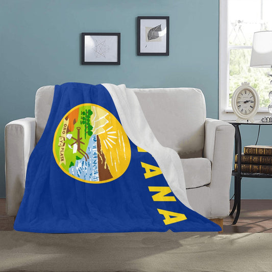 "Luv My Flag blanket draped over sofa in cozy room."