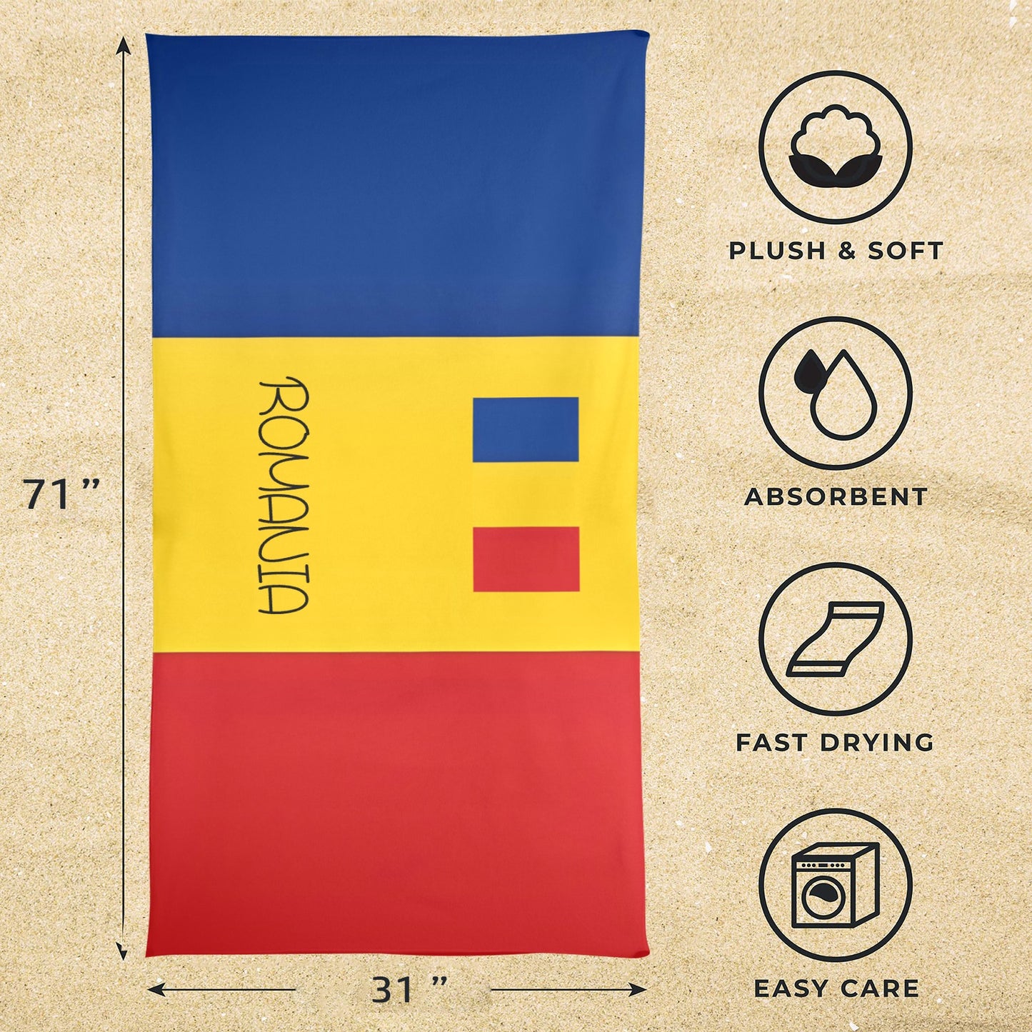 Romania Flag Beach Towel 31"x71" (Made in USA)