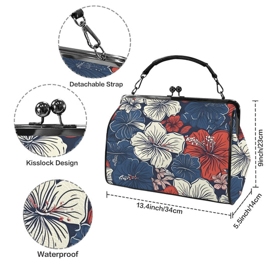 USA/American Flag Inspired Hawaiian Floral Pattern Kisslock Crossbody Shoulder Bag-Large