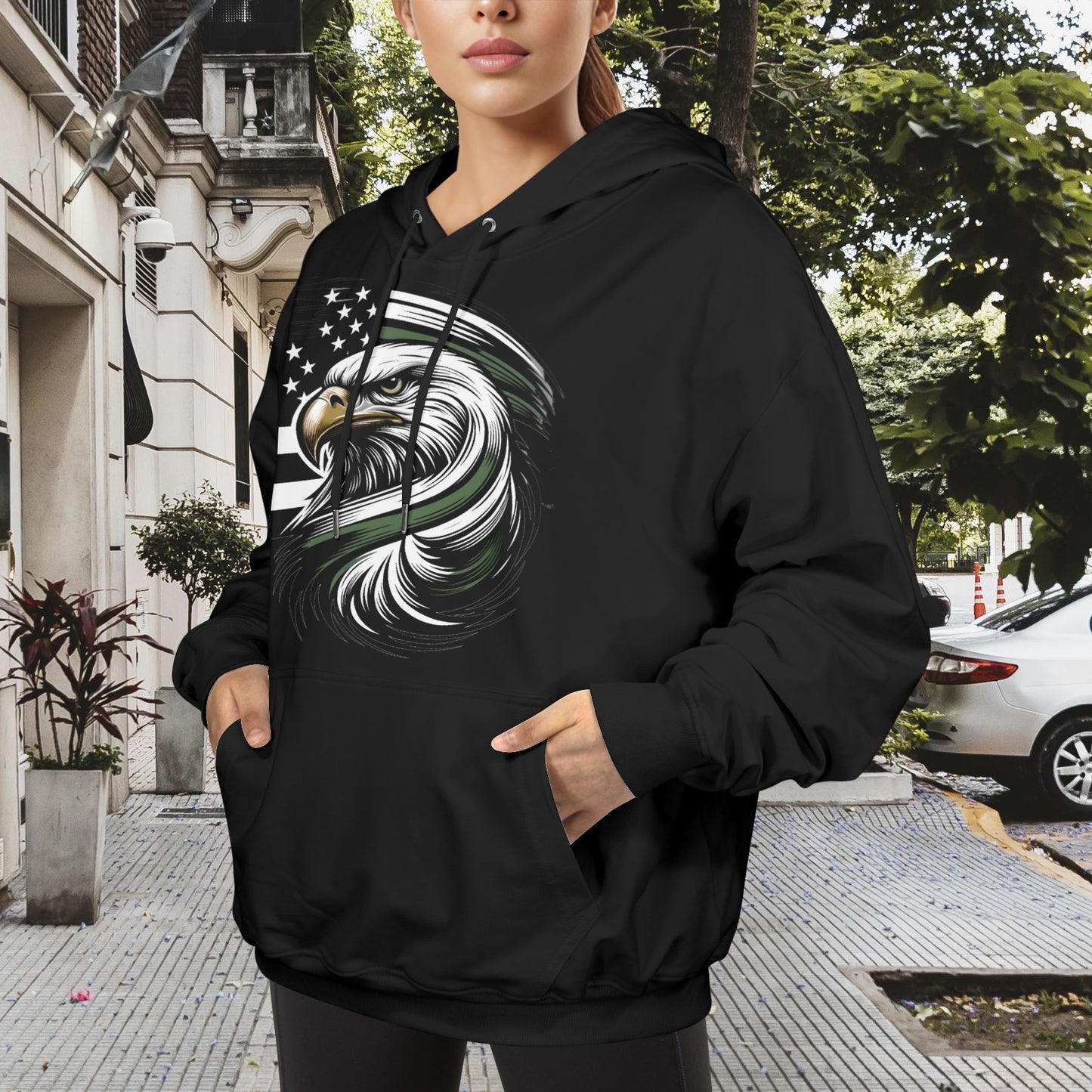Thin Green Line Flag Inspired Eagle Women's Hoodie Made in the USA