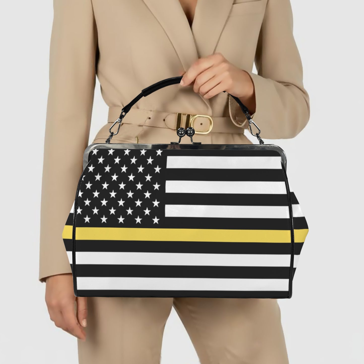 Thin Gold Line Flag Inspired Kisslock Crossbody Shoulder Bag-Large