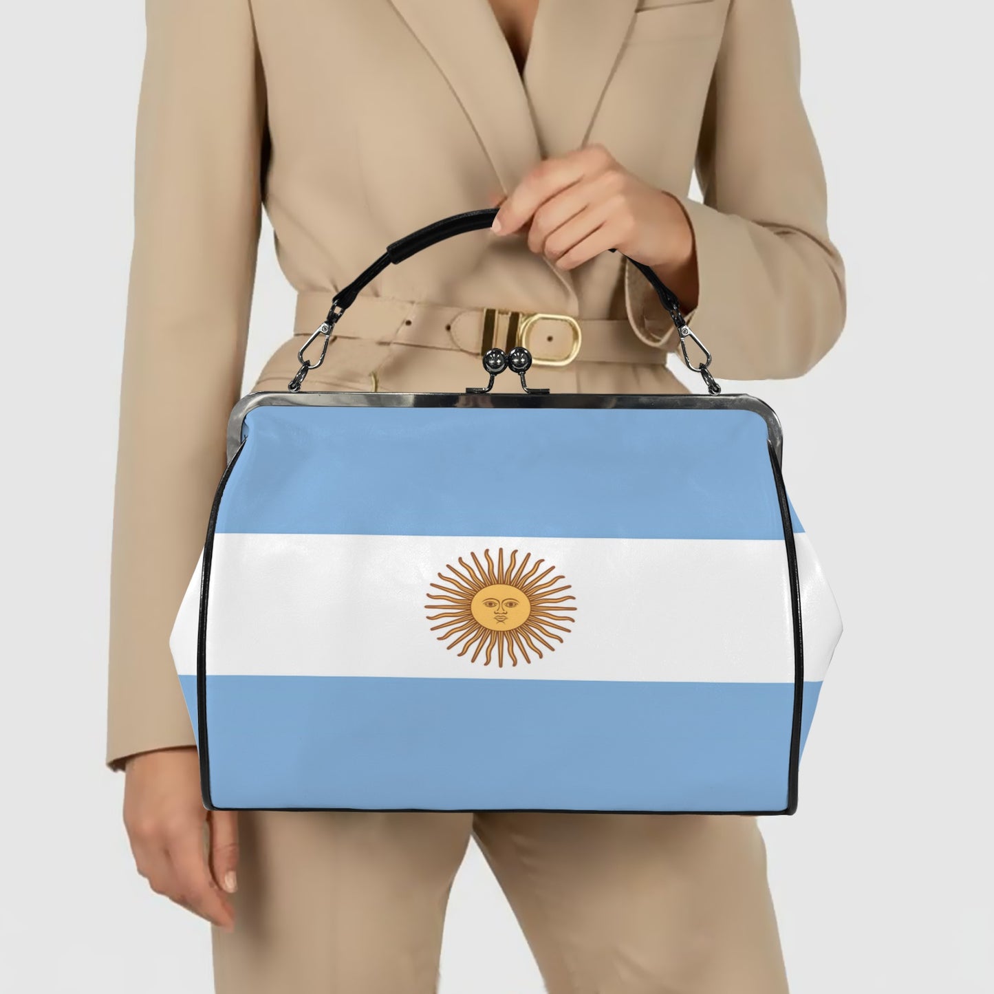 Argentina Flag Inspired Kisslock Crossbody Shoulder Bag-Large