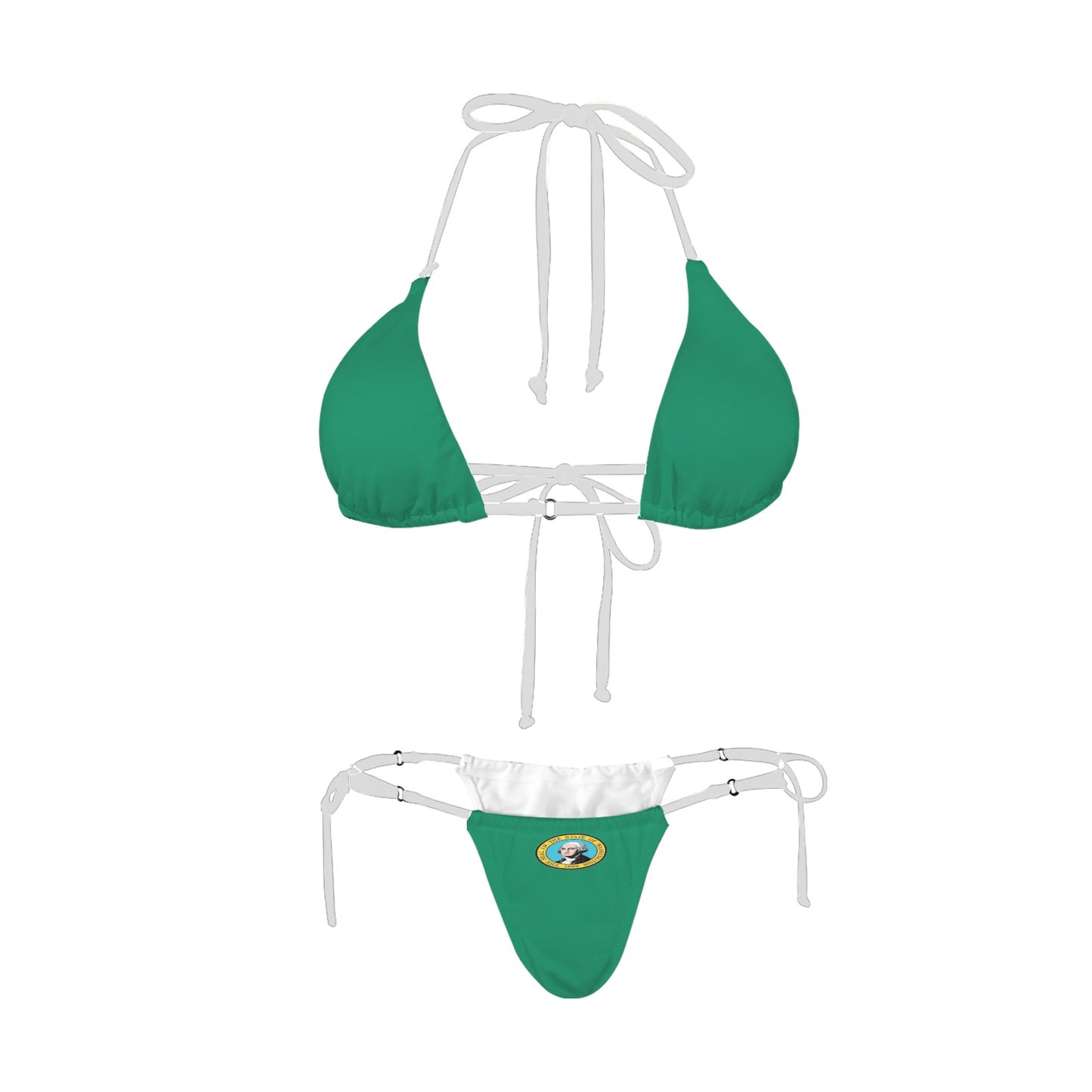 Green bikini with printed emblem, Luv My Flag brand.