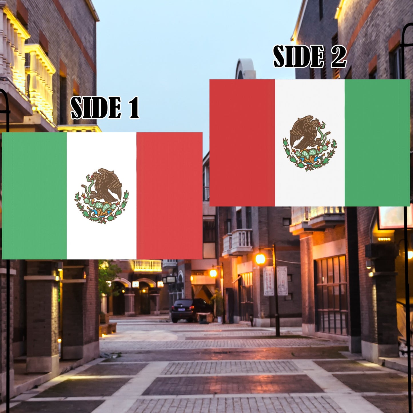 Two Mexican flags from Luv My Flag hanging outside.