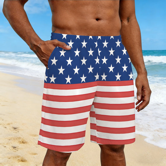USA/American Flag Inspired Men’s Draw String Pocket Beach Shorts Printed in the USA