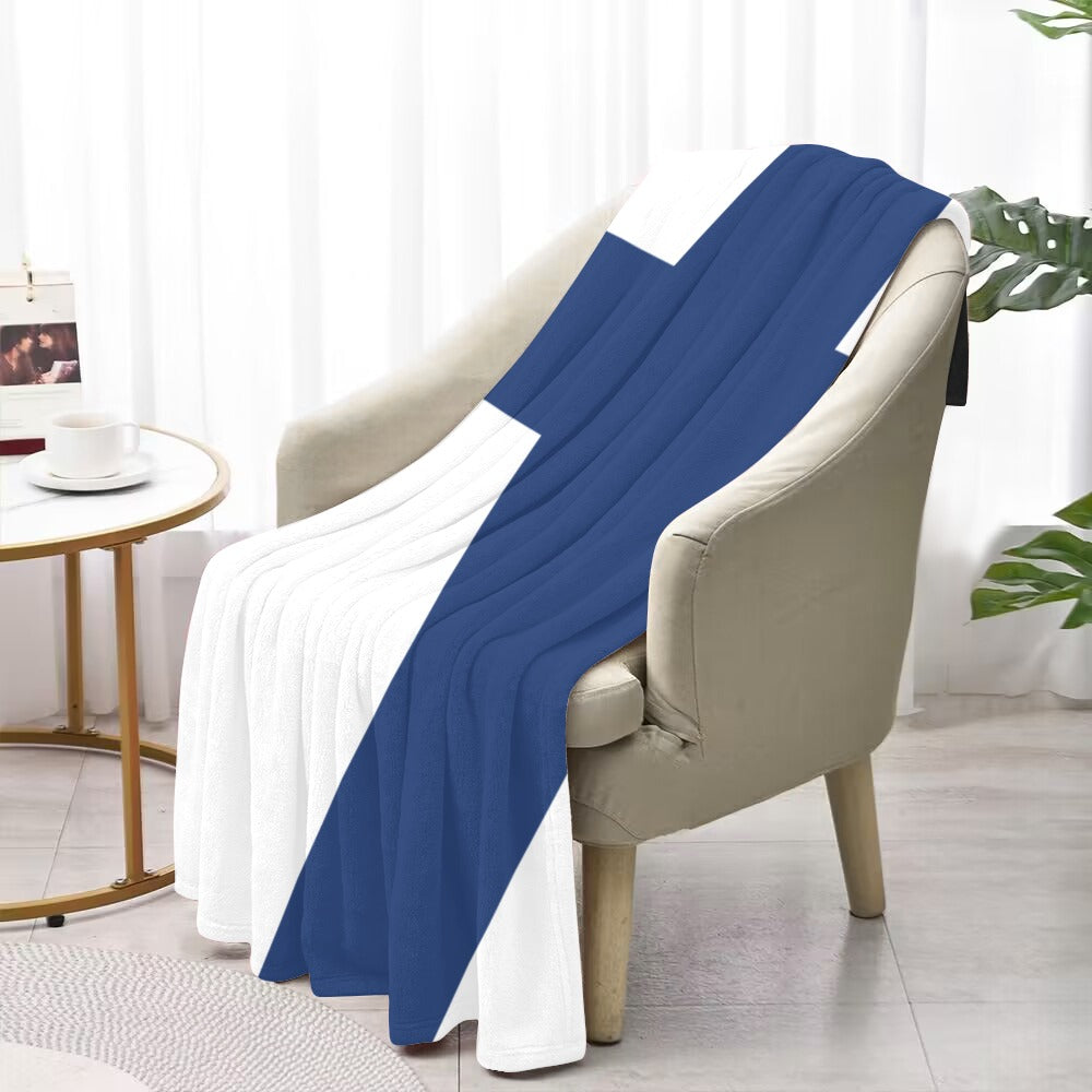 Cozy Luv My Flag blanket draped over armchair, stylishly.