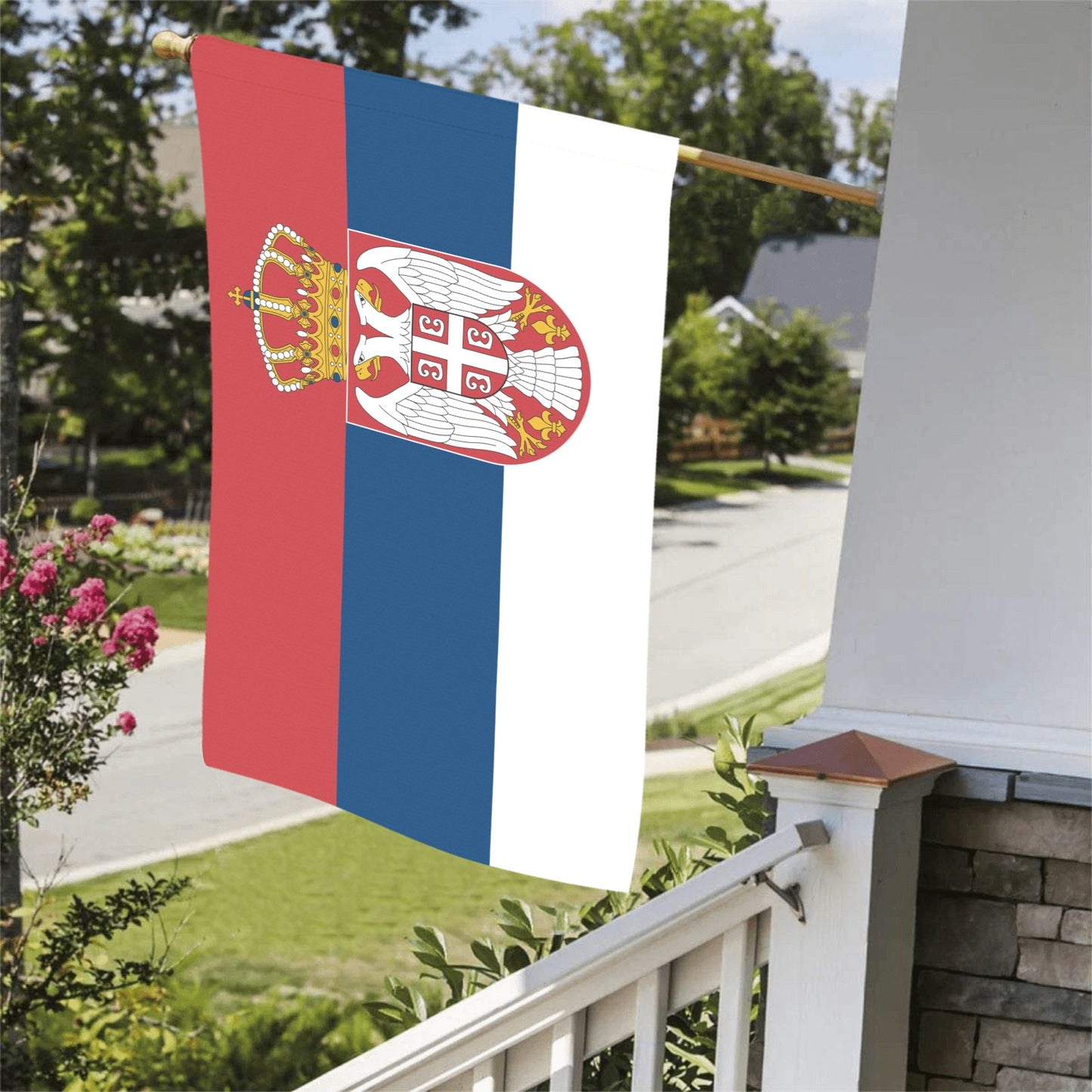 "Luv My Flag Serbian flag displayed on sunny porch."