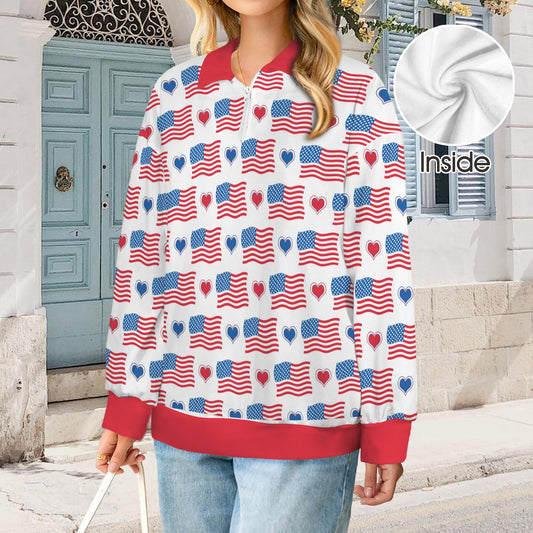 USA/American Flag Pattern Women's Quarter Zip Pullover Sweatshirt