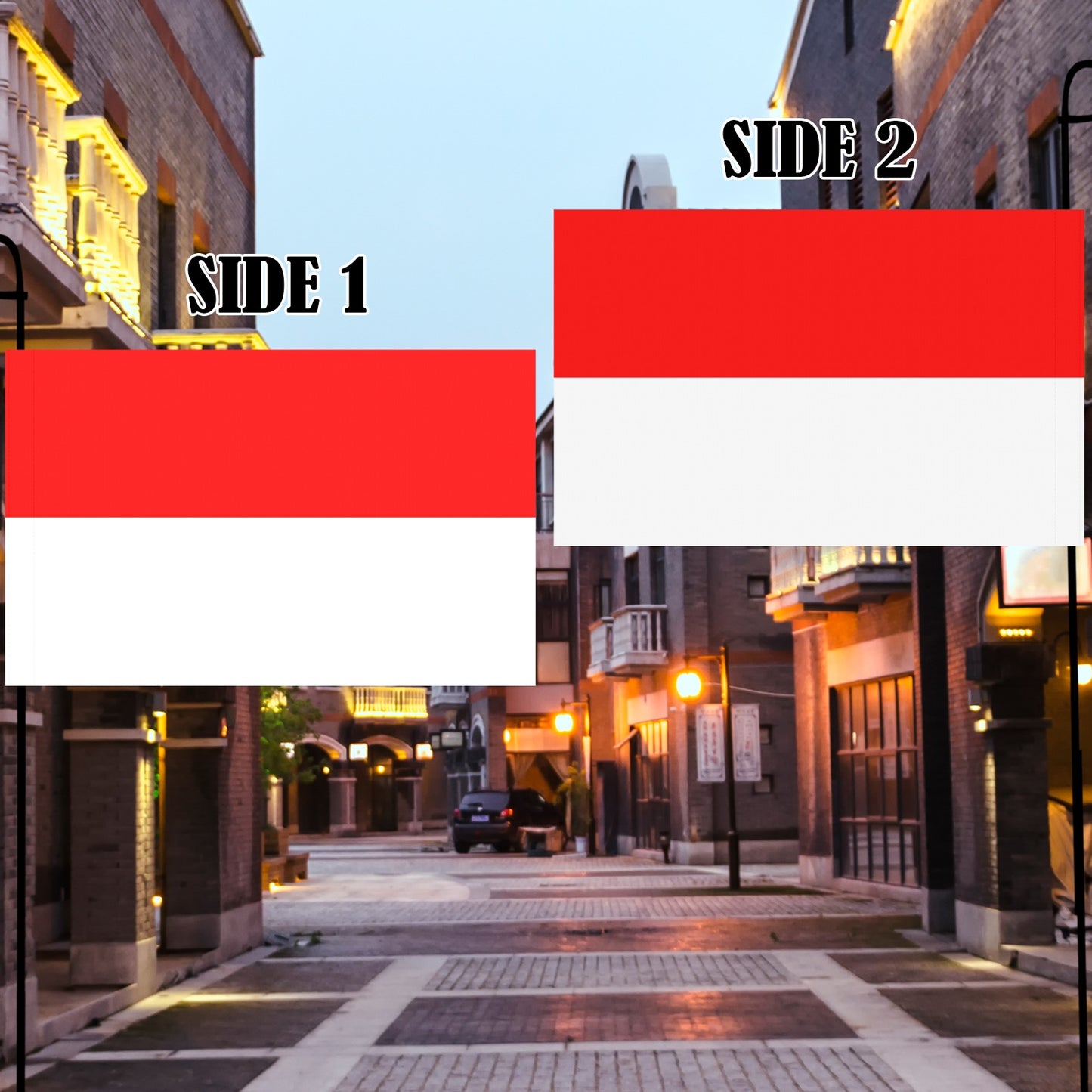 Two Luv My Flag banners in dimly lit street.
