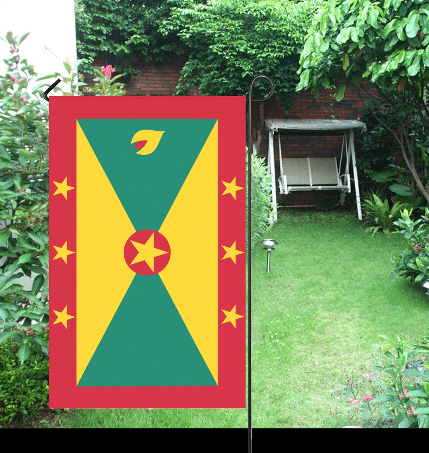 Luv My Flag garden flag design in green and yellow.