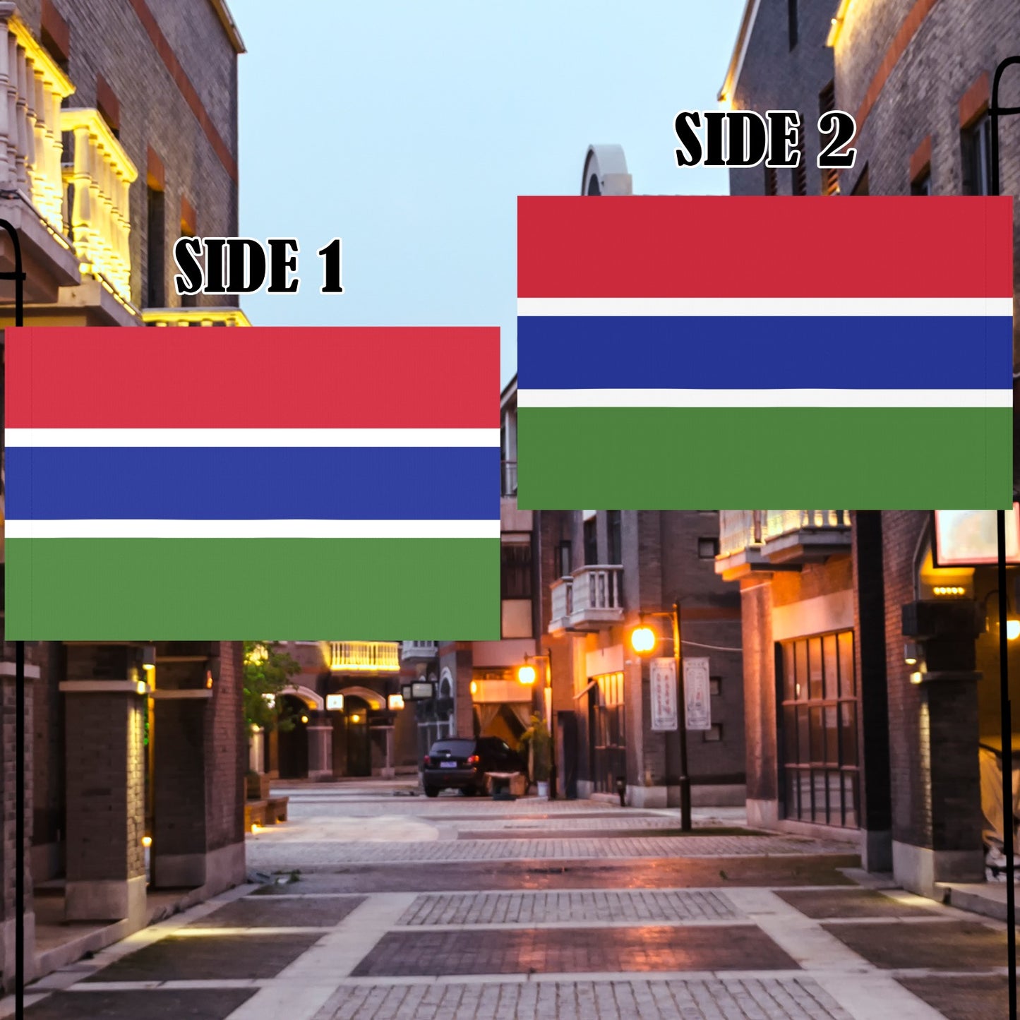 Street scene with two identical Gambia flags, Luv My Flag.