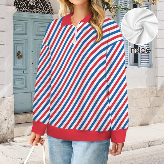 USA/American Flag Stripes Pattern Women's Quarter Zip Pullover Sweatshirt