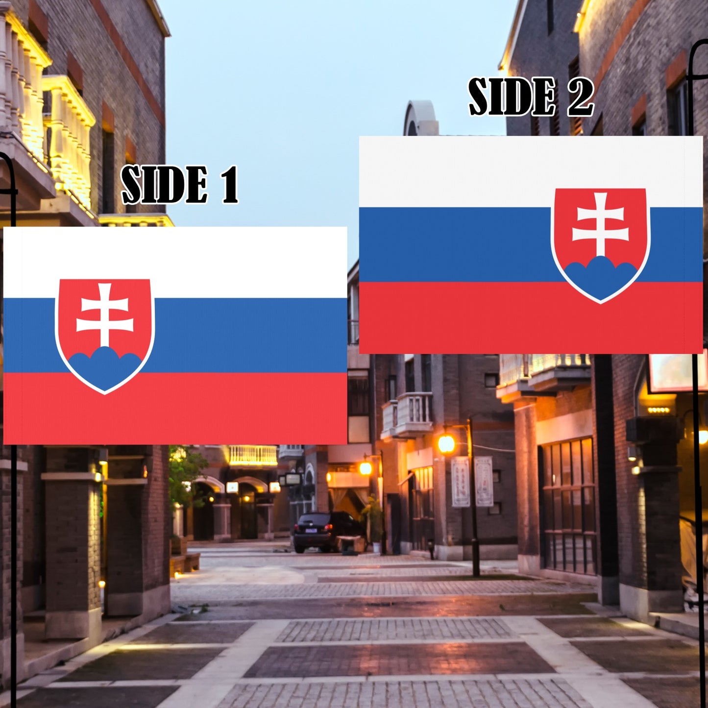 Luv My Flag Slovakia flags displayed on urban street.
