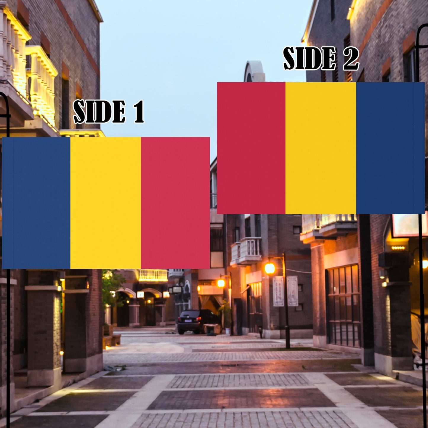 "Luv My Flag reversible flag on quaint, cobblestone street background."