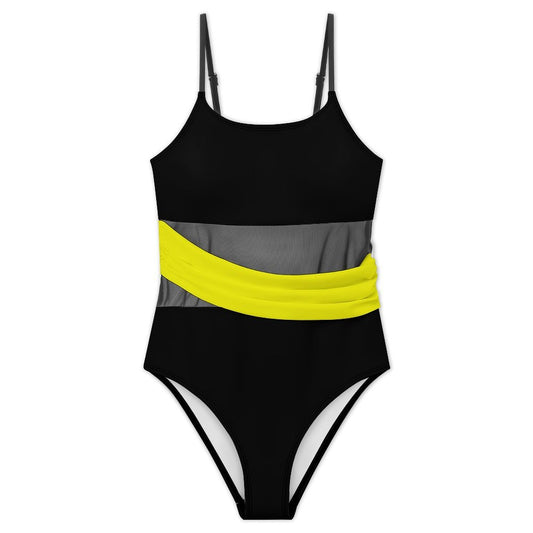 Thin Gold Line Flag Inspired Women's Square Neck Mesh Spliced One Piece Swimsuit