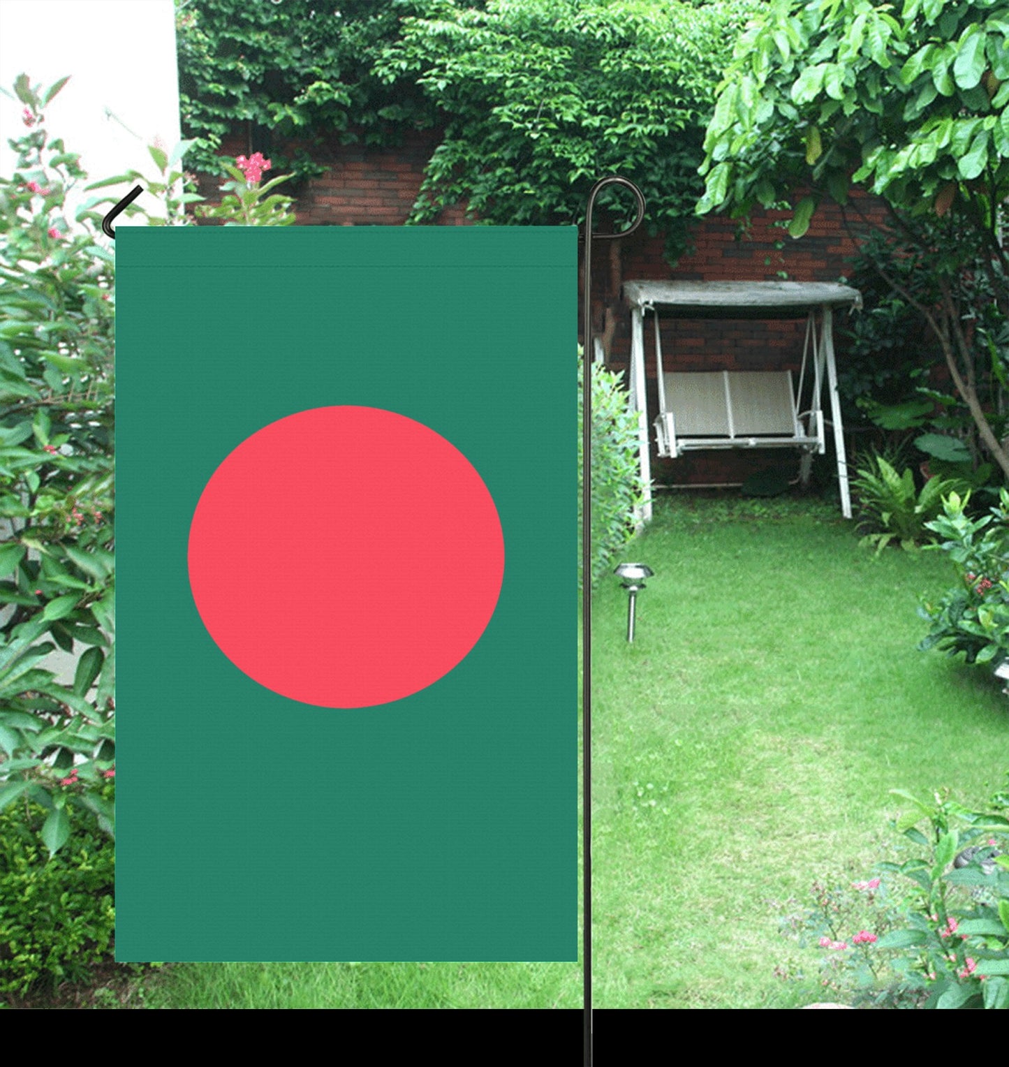 Luv My Flag garden with Bangladesh flag and swing chair.