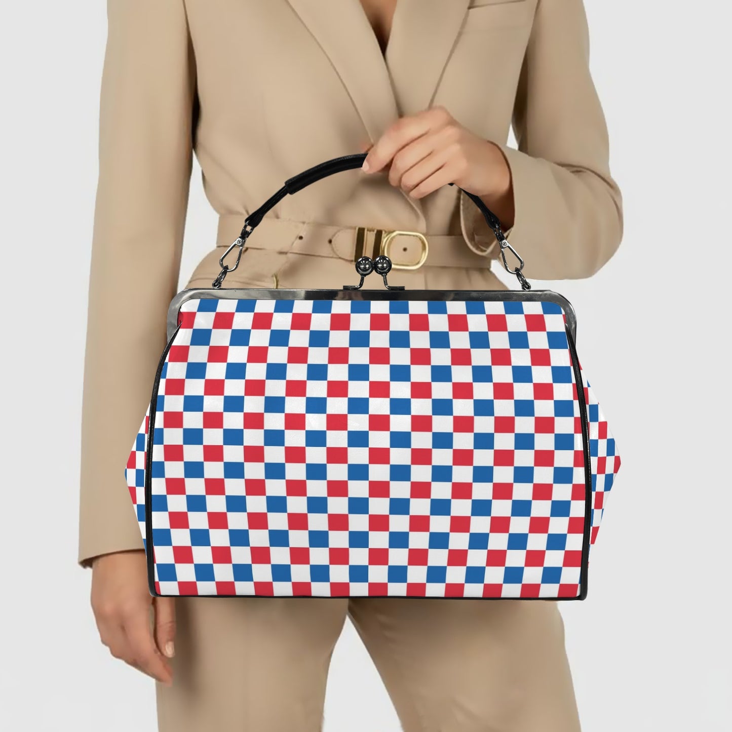 USA/American Flag Inspired Checkered Pattern Kisslock Crossbody Shoulder Bag-Large