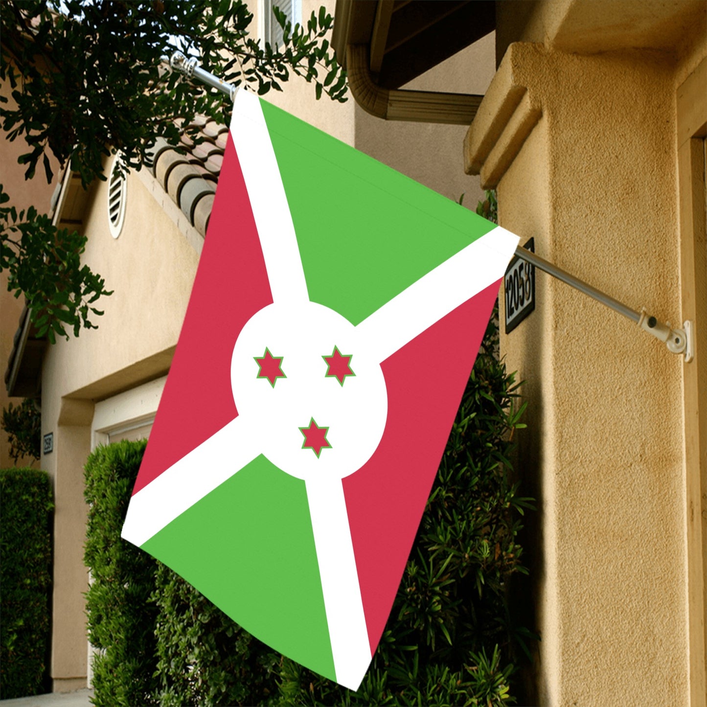 House displaying Luv My Flag's colorful Burundi flag outdoors.