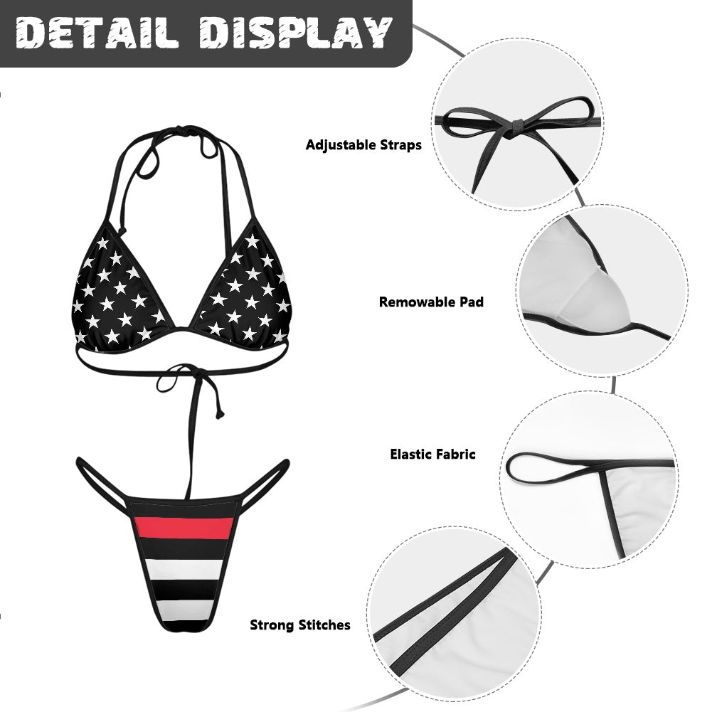 Thin Red Line Flag Inspired Women's Triangle Bikini with Thong Bottom