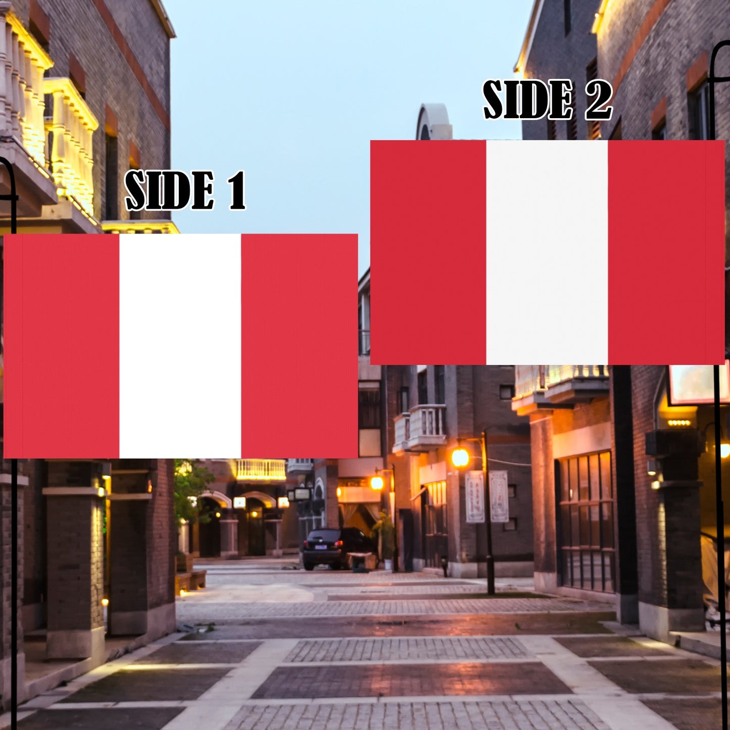 Two red-white Luv My Flag banners on city street.