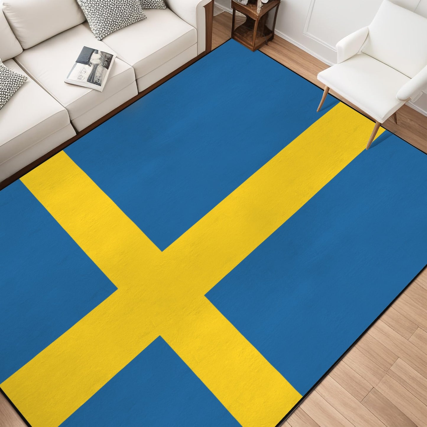 Sweden Flag Inspired 84x60 Inch Area Rug with Black Binding (Made in the USA)