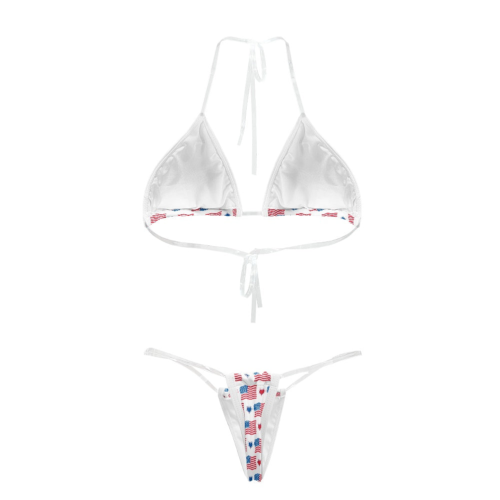 USA/American Flag Inspired Pattern with Hearts Transparent String Thong Bikini