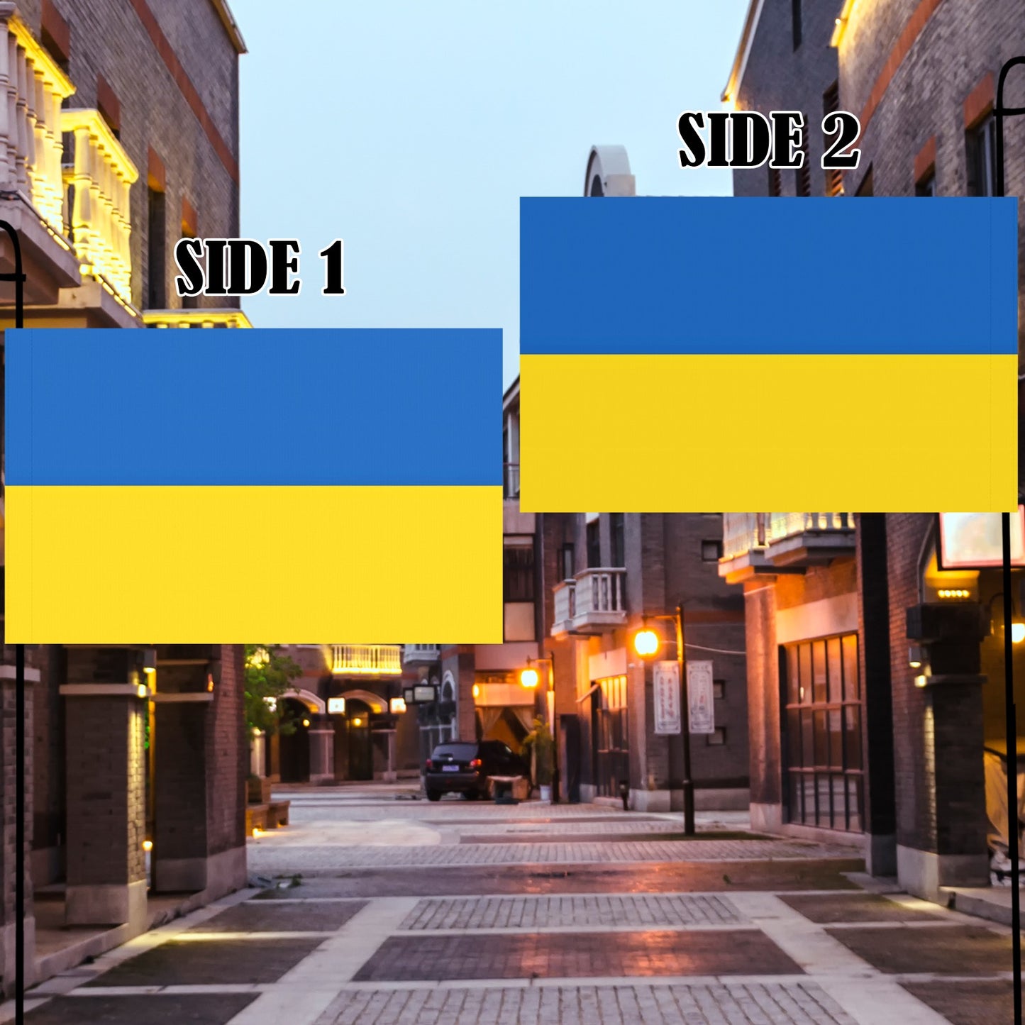 Luv My Flag Ukrainian flags displayed in urban street setting.
