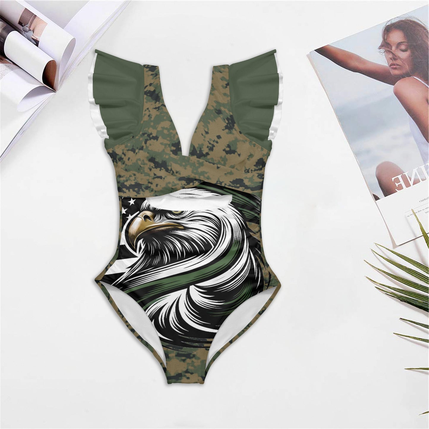 Thin Green Line Flag Inspired Eagle on Digital Camo Women's Twist Front Ruffle Sleeve Swimsuit