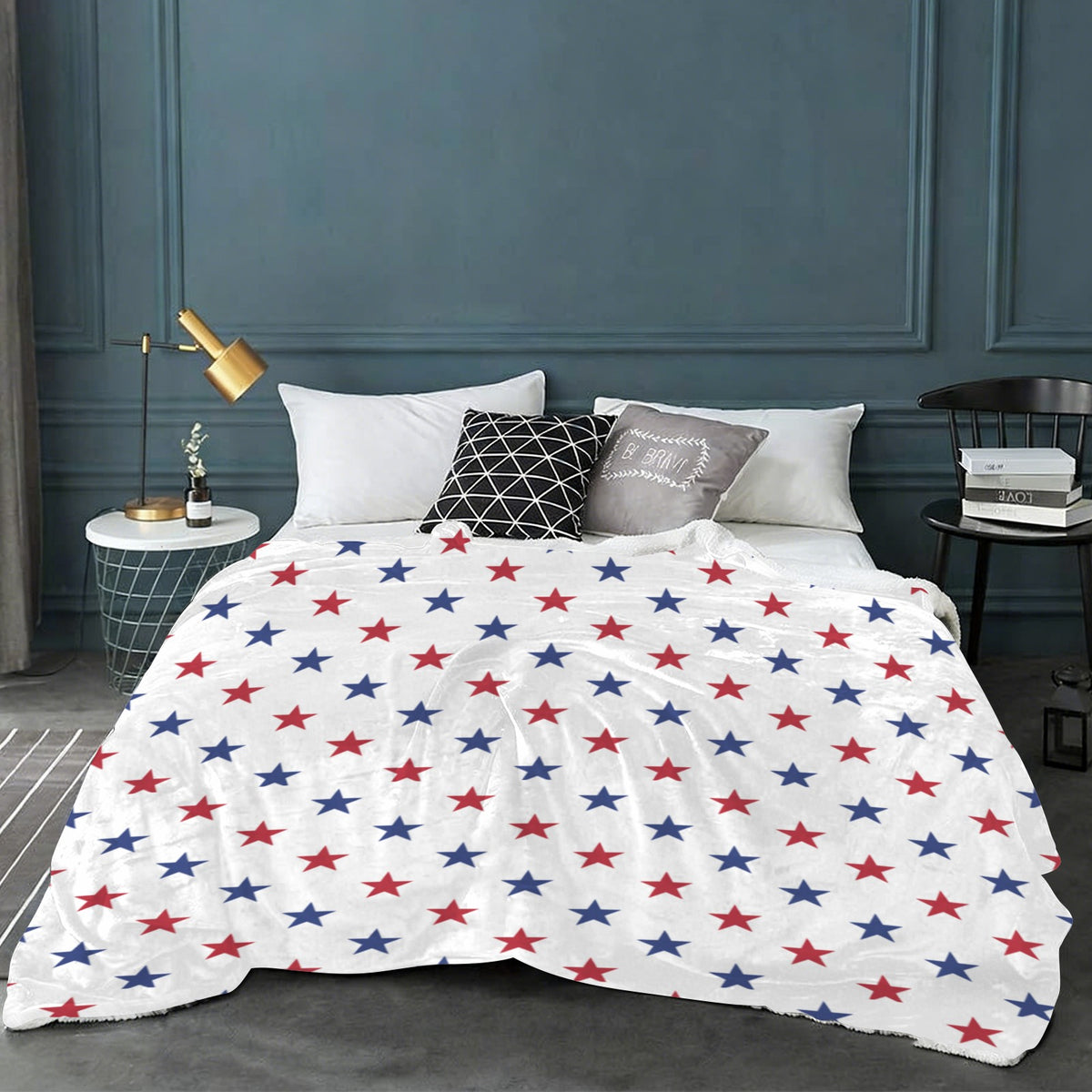 USA/American Flag Inspired Red & Blue Stars Pattern Sherpa Fleece Blanket 90" x 108" | Prtinted in the USA