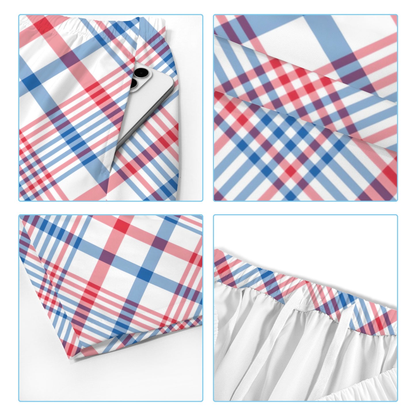 USA/American Flag Inspired Plaid Pattern Men’s Draw String Pocket Beach Shorts Printed in the USA