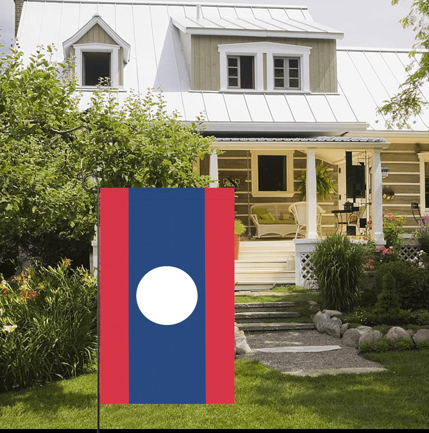 Front yard with Luv My Flag, Lao design displayed.