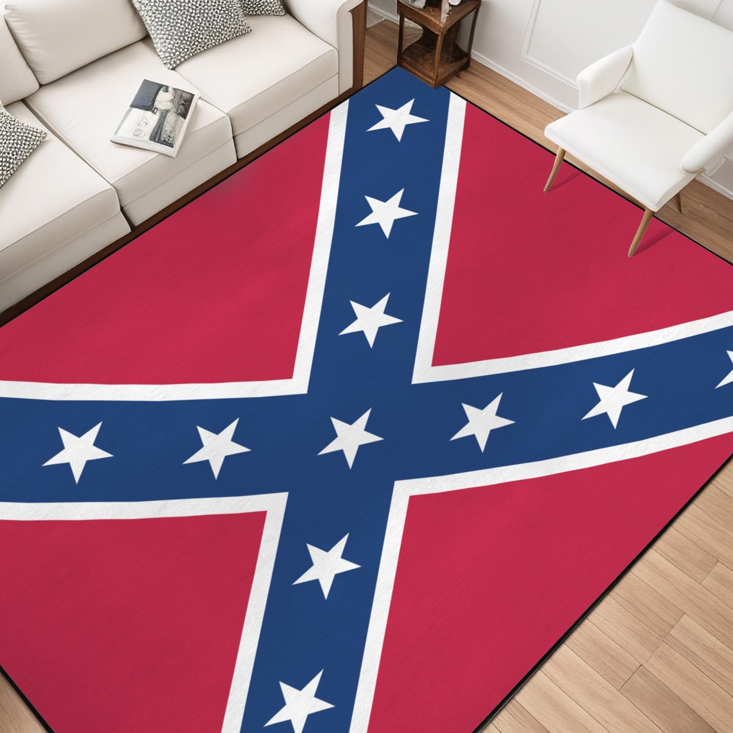 Confederate States Battle Flag Inspired 84x60 Inch Area Rug with Black Binding (Made in the USA)