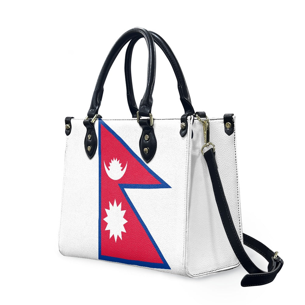 White handbag featuring Nepal's flag design, Luv My Flag.