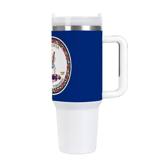 Virginia Flag tumbler with handle, blue design.