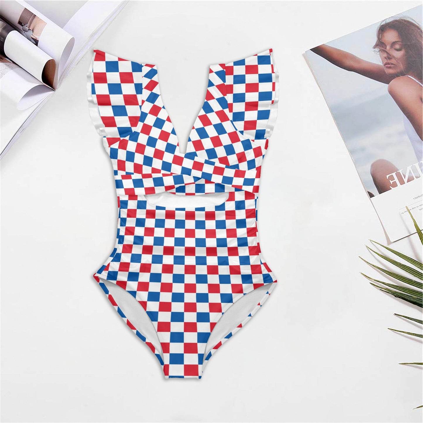 USA/American Flag Inspired Checkered Pattern Women's Twist Front Ruffle Sleeve Swimsuit
