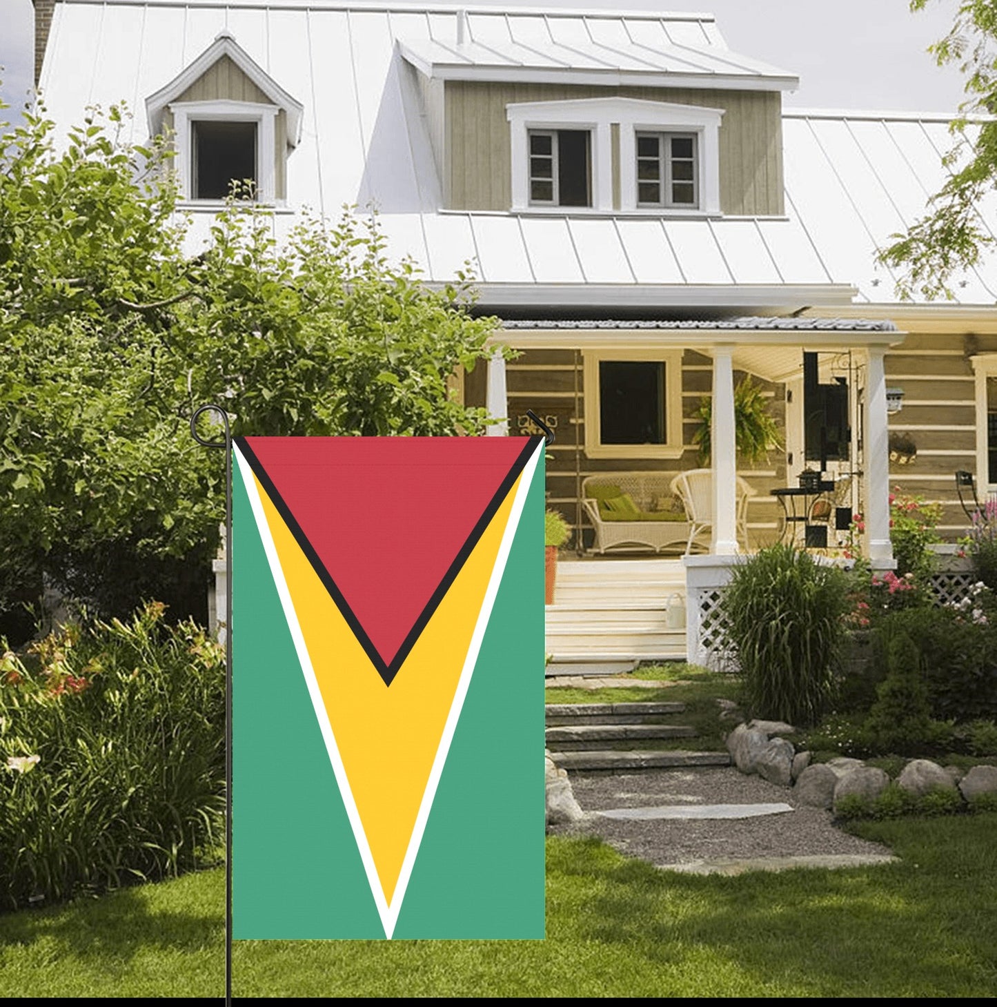 House front with colorful garden flag, Luv My Flag.