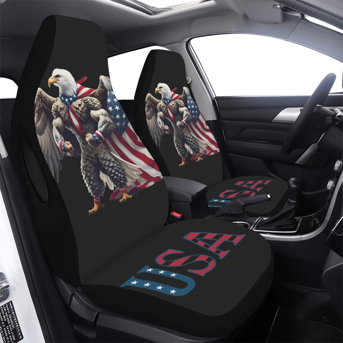 USA/American Flag Inspired Bald Eagle with Cape Car Seat Cover Airbag Compatible(Set of 2, black)