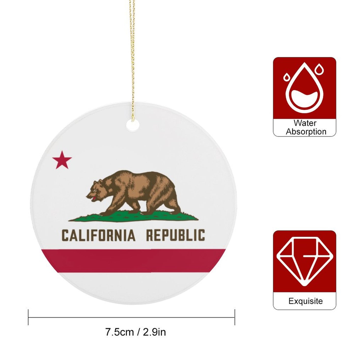 California Flag Inspired Circle Ceramic Ornament Made in USA Circle Ceramic Ornament (Made in USA)
