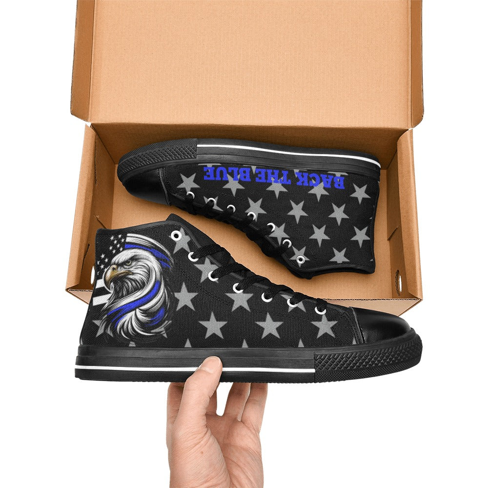 Thin Blue Line Flag Inspired Eagle "BACK THE BLUE" Kid's High Top Canvas Shoes