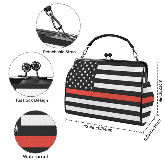 Thin Red Line Flag Inspired Kisslock Crossbody Shoulder Bag-Large
