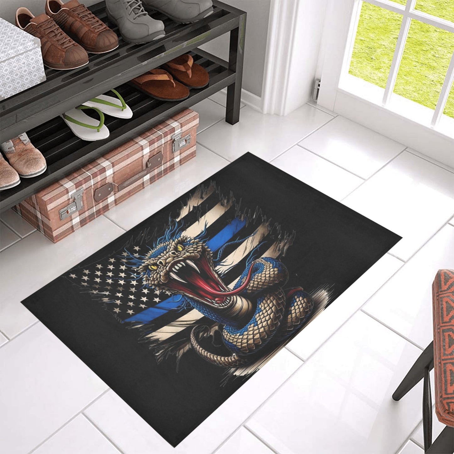 Thin Blue Line Flag Inspired Snake Doormat 30" x 18" (Sponge Material)