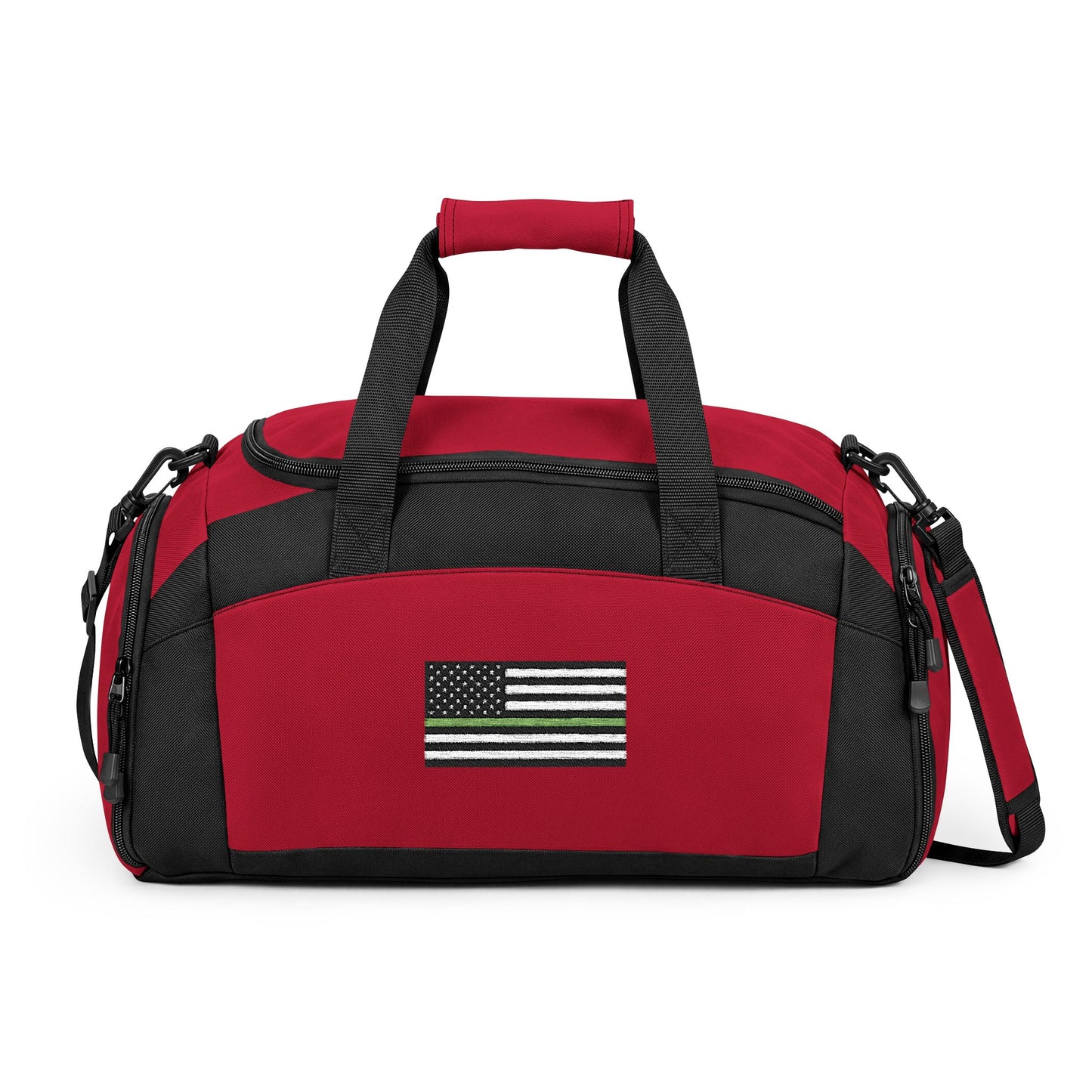 Thin Green Line Flag Gym Bag — Black Duffle with Embroidered Thin Green Line Flag